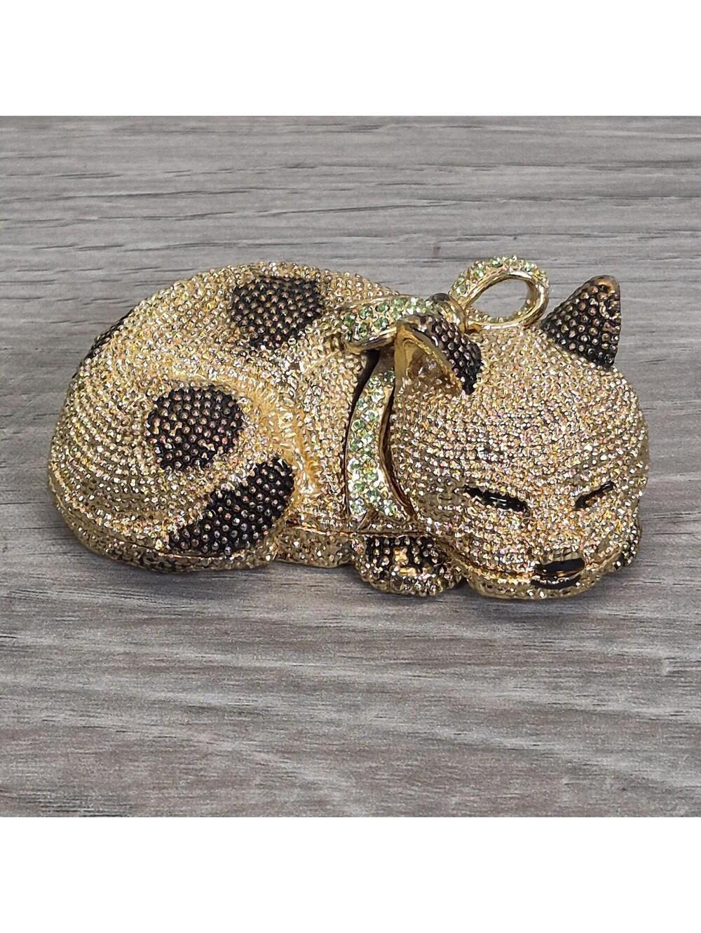 Textured Gold Tone Sleeping Cat Trinket Ring Box Green Rhinestone Bow Collar